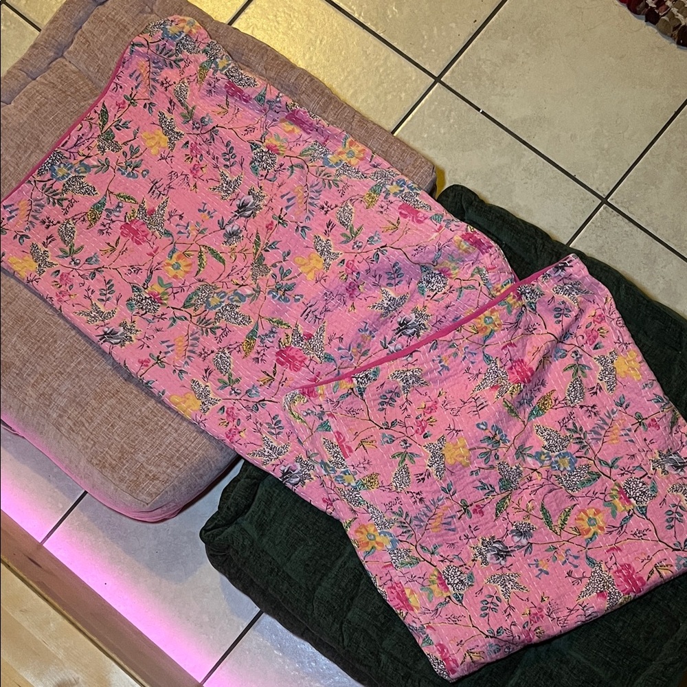 2 PINK KANTHA QUILT PILLOWCASES PILLOW CASES PINK COTTON QUEEN SIZE